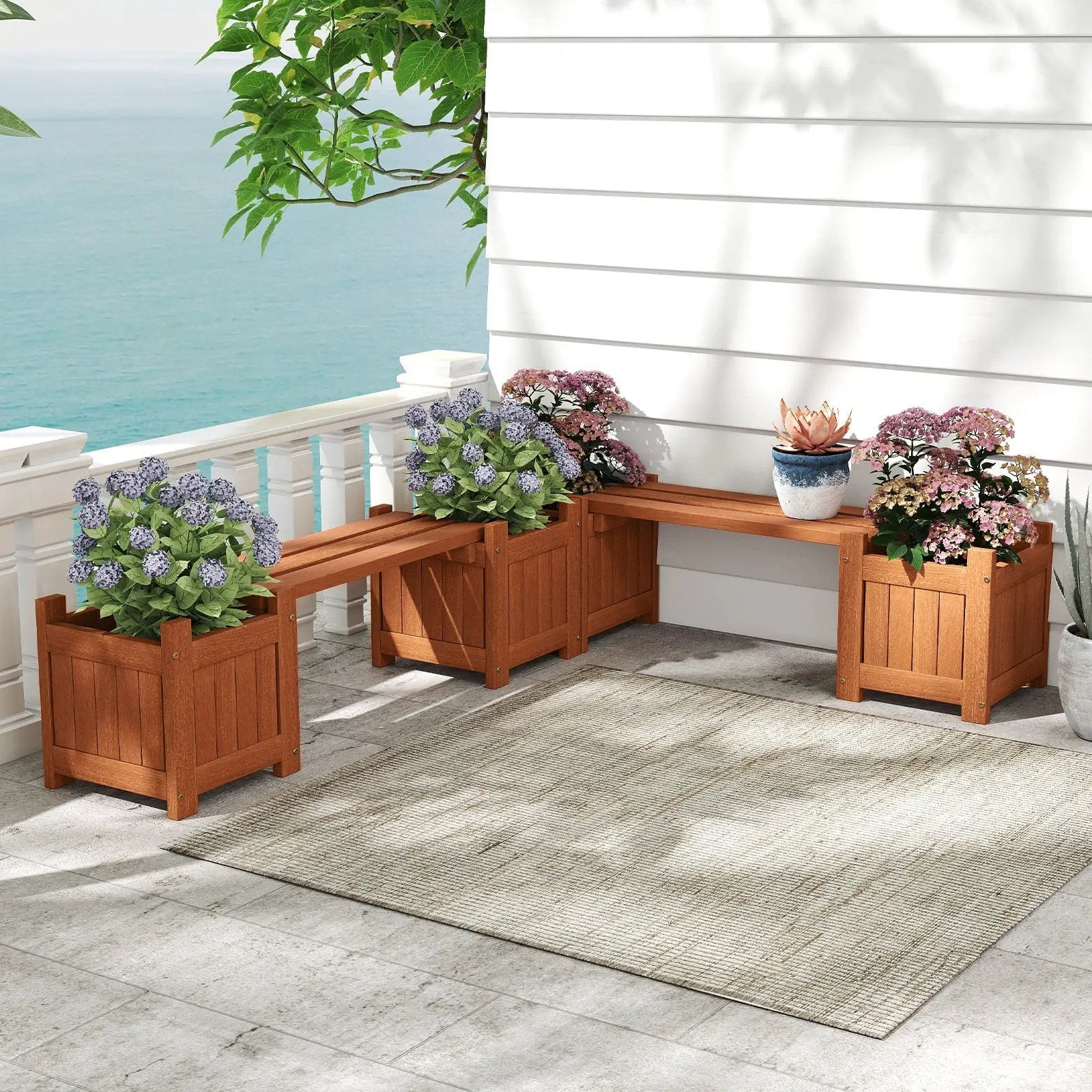 Solid Wood Flower Box Mini Outdoor Planter Boxes with Bench by DirectDeals