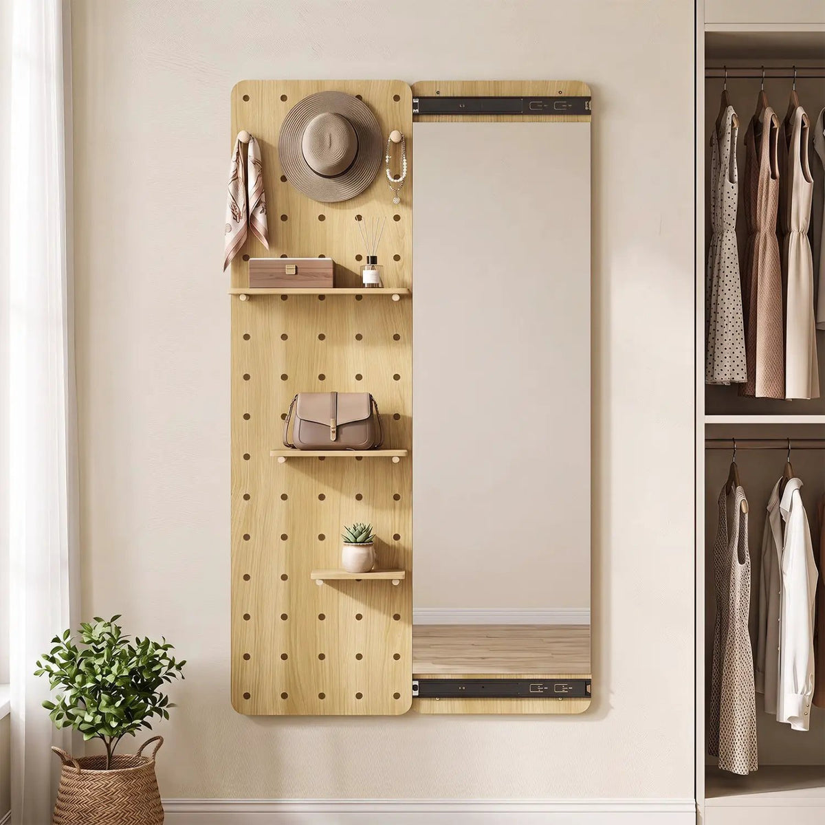 Full Length Wall Mirror with Sliding Pegboard & Shelves by DirectDeals
