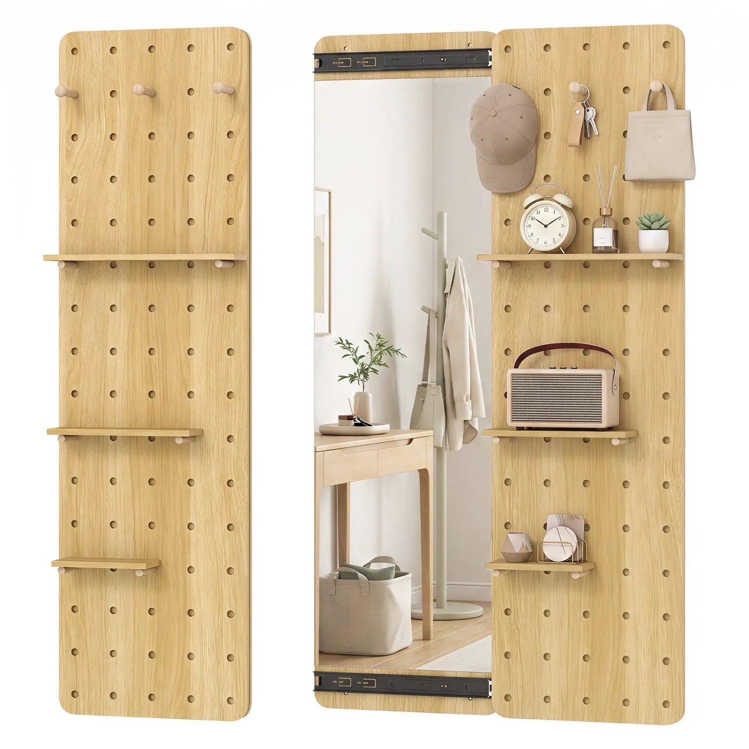 Full Length Wall Mirror with Sliding Pegboard & Shelves by DirectDeals