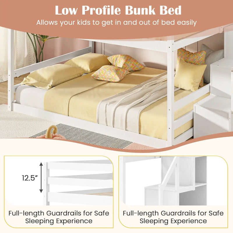 Solid Wood Full Over Full Low Bunk Bed with Storage Stairs by DirectDeals