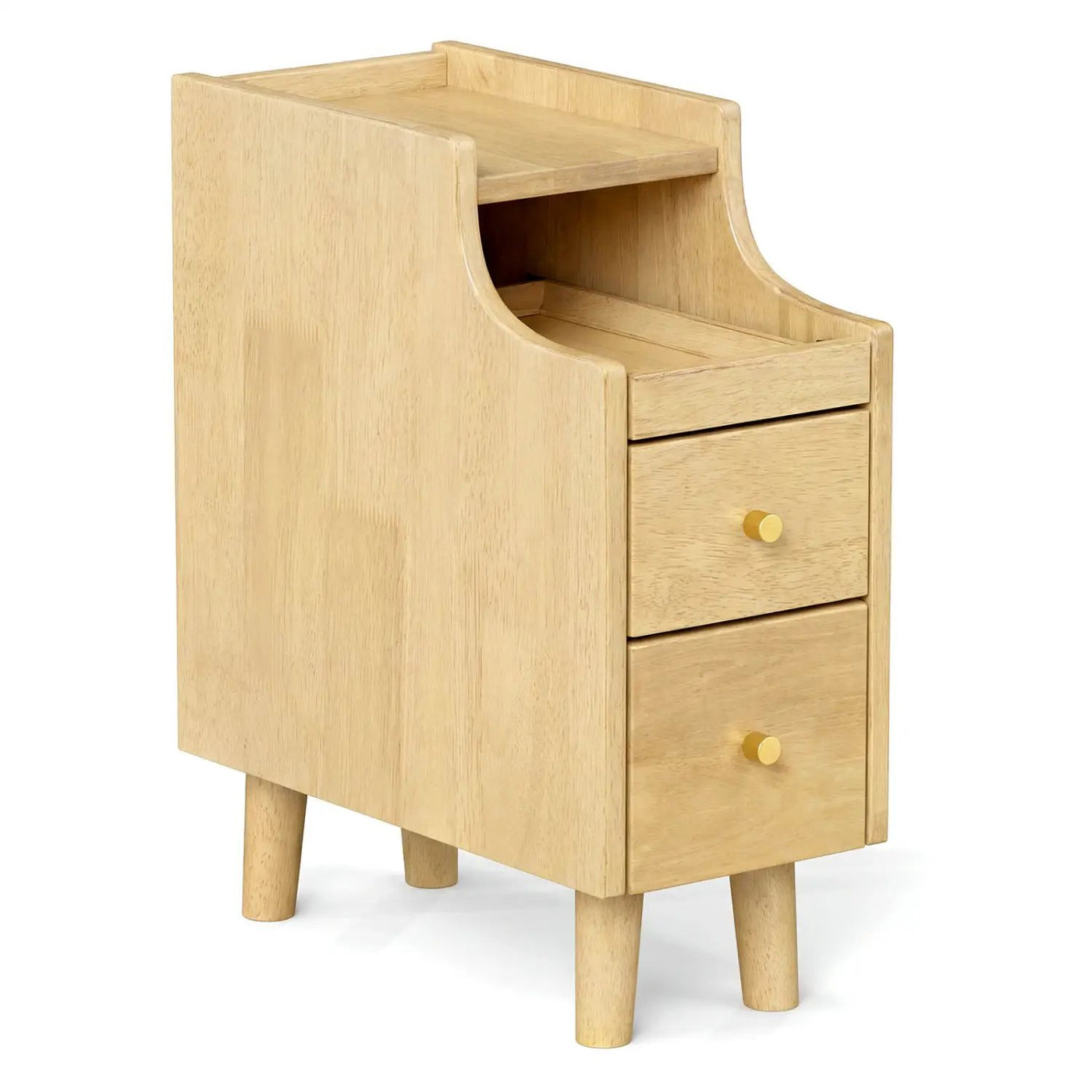 Solid Wood End Table Narrow Bedside Table with Pull-out Tray and 2 Storage Drawers-Brown by DirectDeals