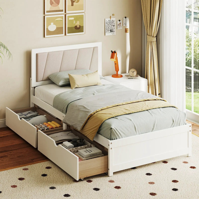 Solid Wood Structure Bed Frame with 2 Drawers Upholstered Headboard-Twin Size by DirectDeals