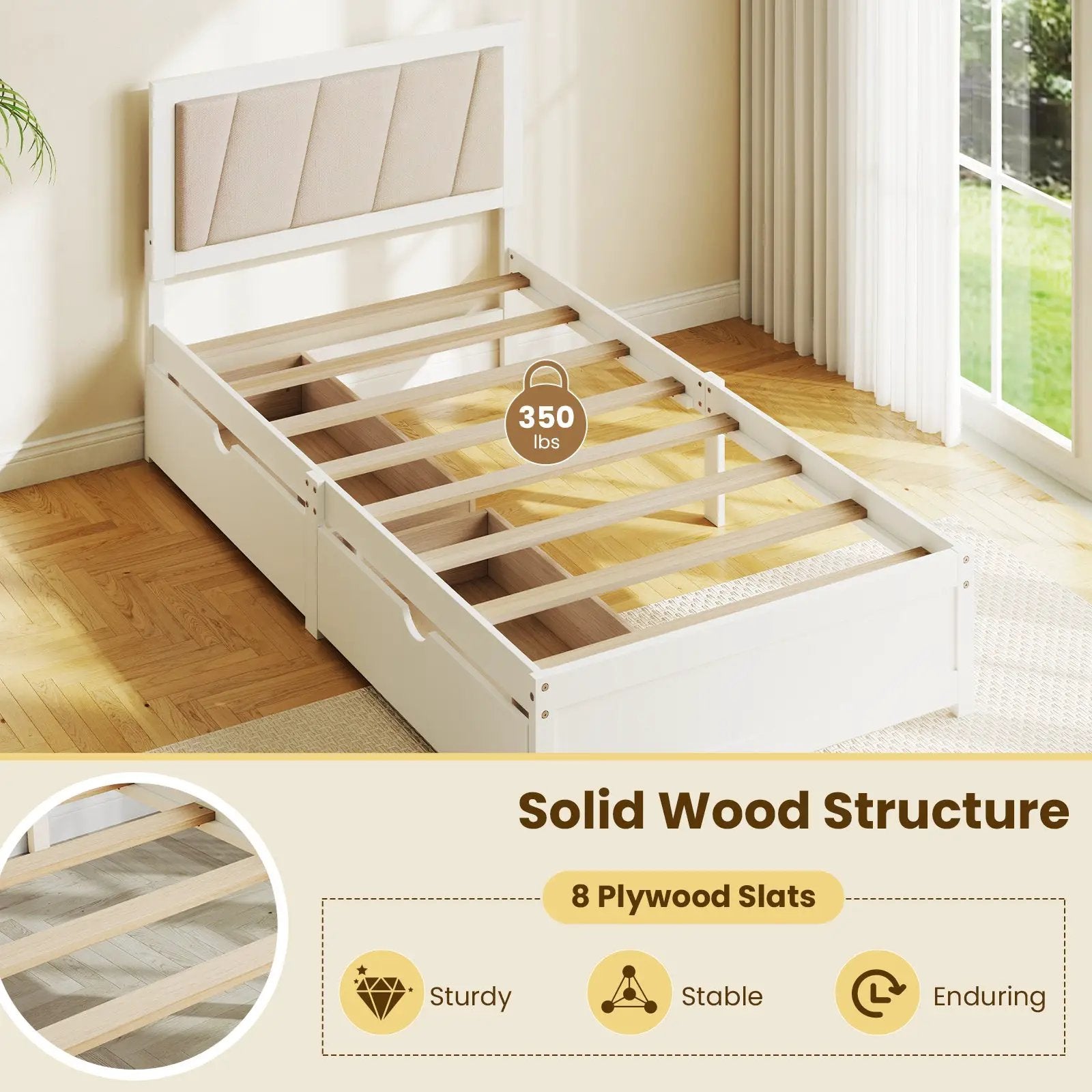 Solid Wood Structure Bed Frame with 2 Drawers Upholstered Headboard-Twin Size by DirectDeals