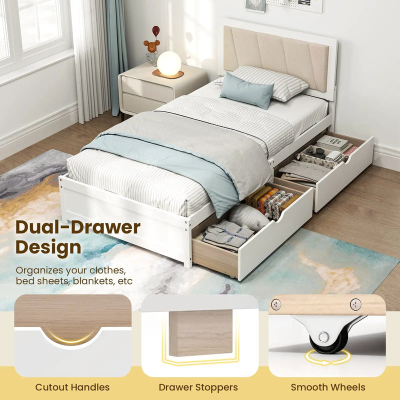 Solid Wood Structure Bed Frame with 2 Drawers Upholstered Headboard-Twin Size by DirectDeals