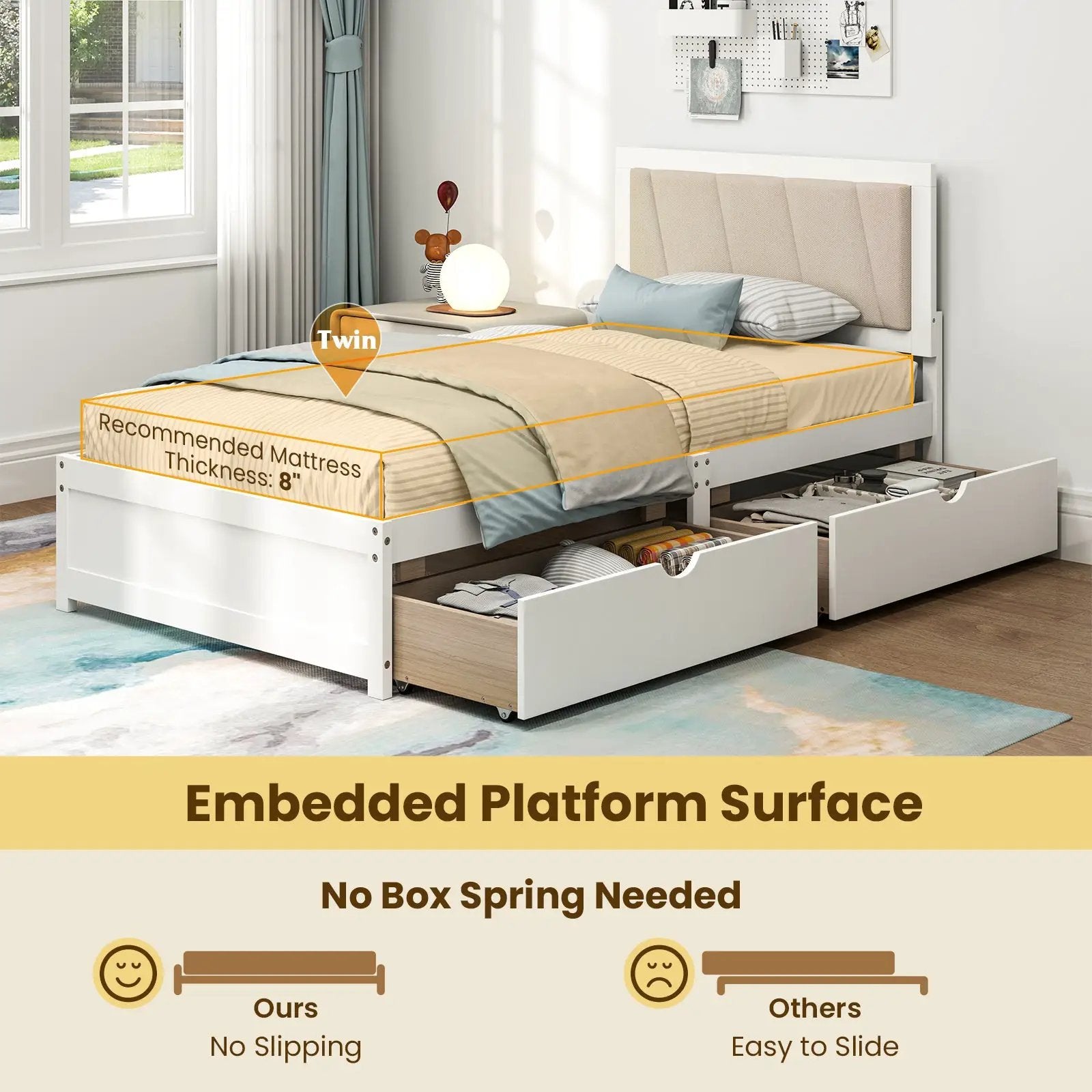 Solid Wood Structure Bed Frame with 2 Drawers Upholstered Headboard-Twin Size by DirectDeals