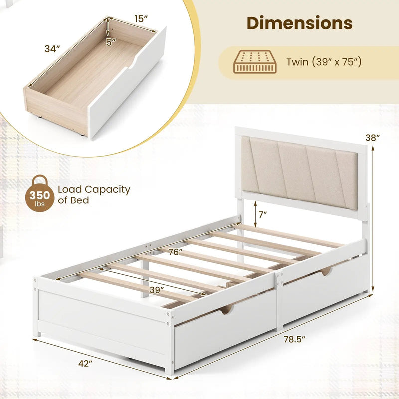 Solid Wood Structure Bed Frame with 2 Drawers Upholstered Headboard-Twin Size by DirectDeals