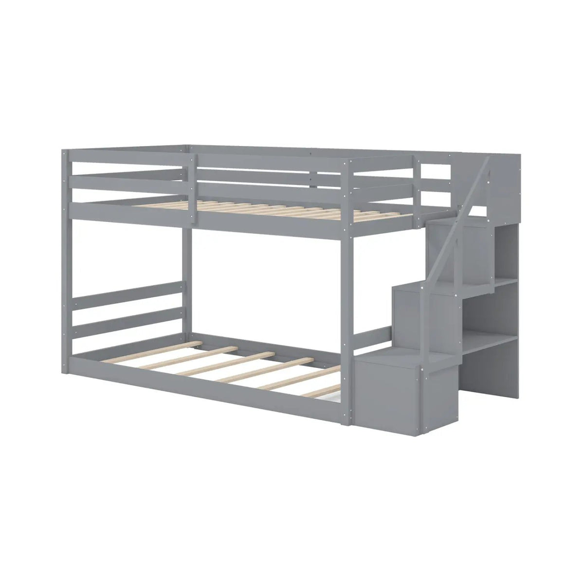 Solid Wood Twin Over Full Low Bunk Bed with Storage Stairs by DirectDeals