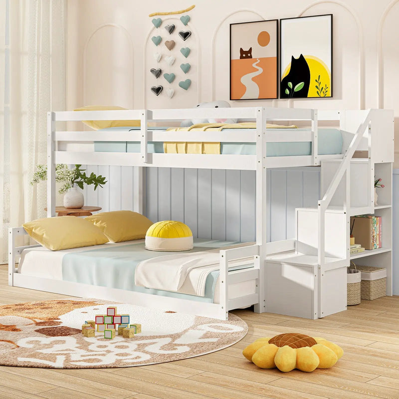 Solid Wood Twin Over Full Low Bunk Bed with Storage Stairs by DirectDeals