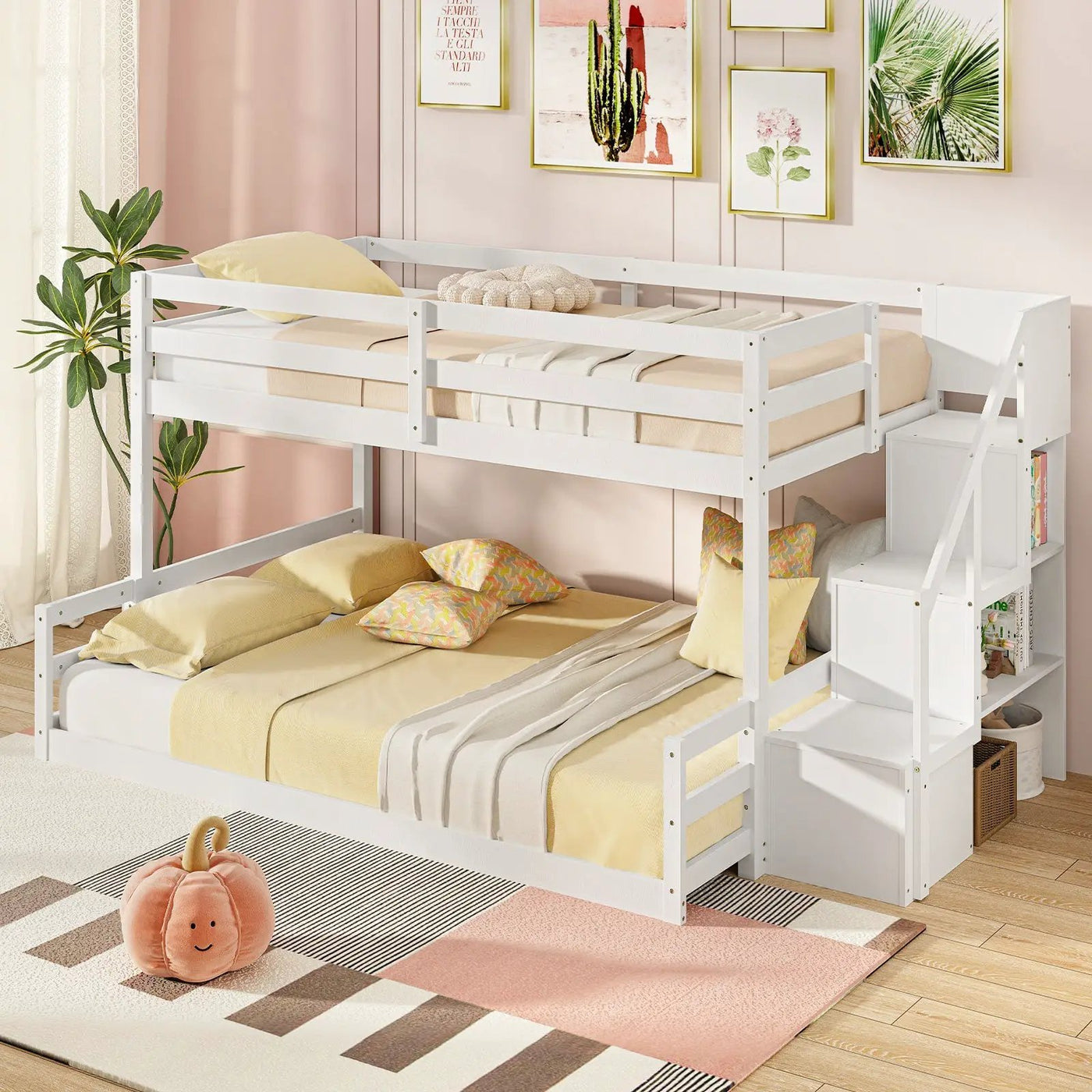 Solid Wood Twin Over Full Low Bunk Bed with Storage Stairs by DirectDeals