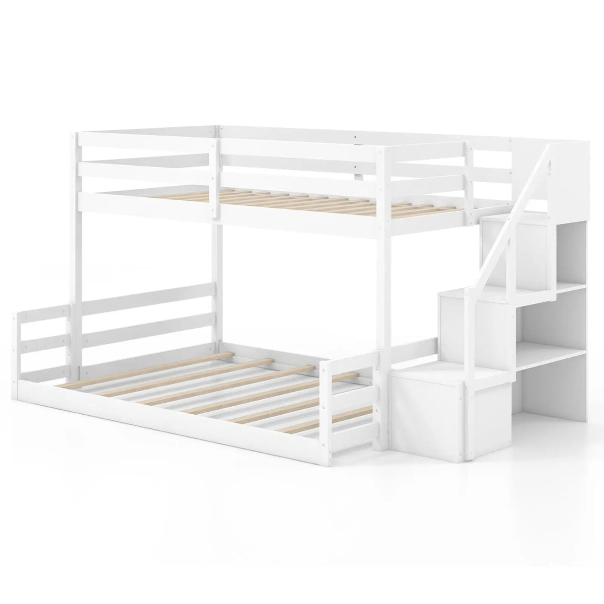 Solid Wood Twin Over Full Low Bunk Bed with Storage Stairs by DirectDeals