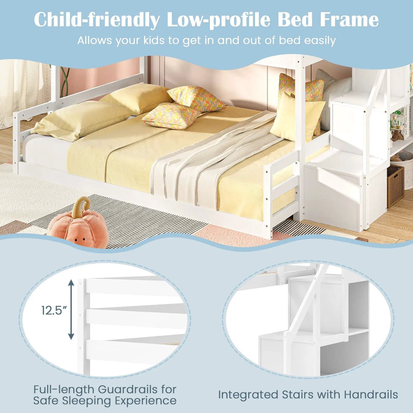 Solid Wood Twin Over Full Low Bunk Bed with Storage Stairs by DirectDeals