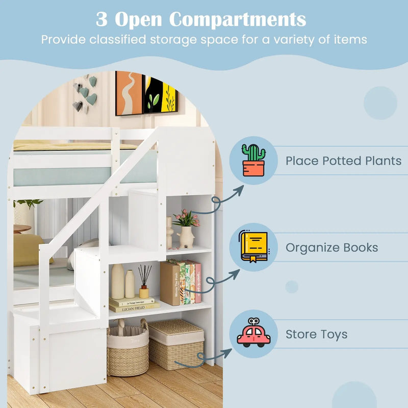 Solid Wood Twin Over Full Low Bunk Bed with Storage Stairs by DirectDeals