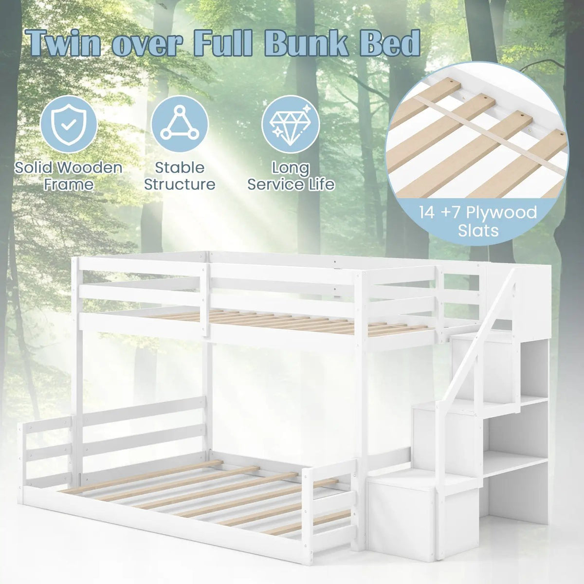 Solid Wood Twin Over Full Low Bunk Bed with Storage Stairs by DirectDeals