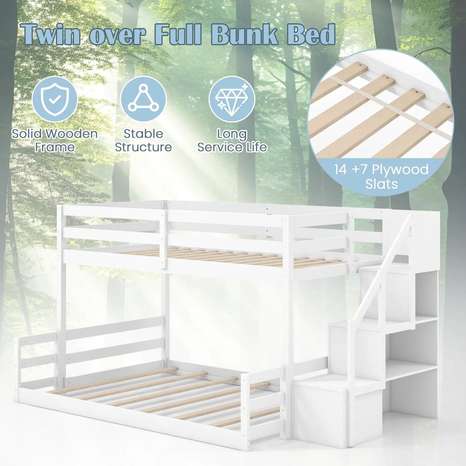 Solid Wood Twin Over Full Low Bunk Bed with Storage Stairs by DirectDeals