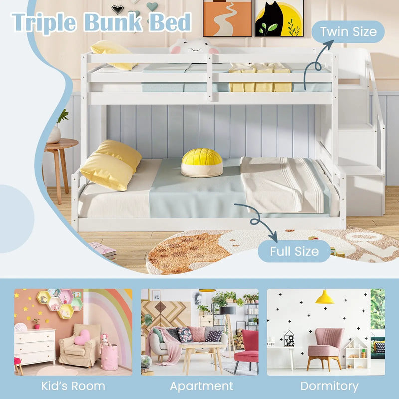 Solid Wood Twin Over Full Low Bunk Bed with Storage Stairs by DirectDeals