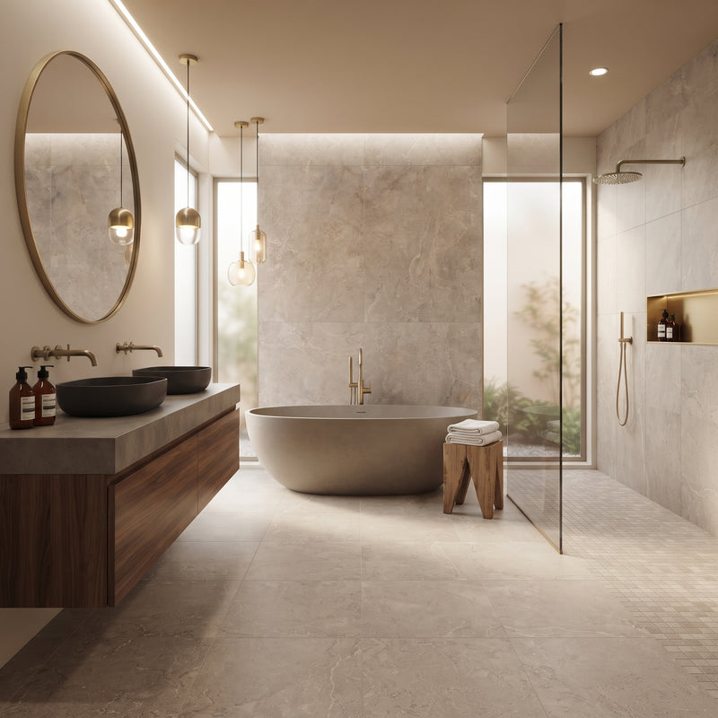A luxury modern bathroom featuring a freestanding oval bathtub, a floating double-sink vanity with a large round mirror, and a glass-enclosed shower area, all in warm beige and brown tones with brass fixtures.