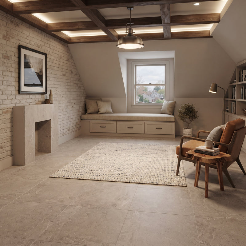 A styled attic room with light beige stone tile flooring, a built-in window daybed with storage drawers, a brick fireplace, exposed wood ceiling beams, and a mid-century modern brown leather armchair with a small wooden side table.