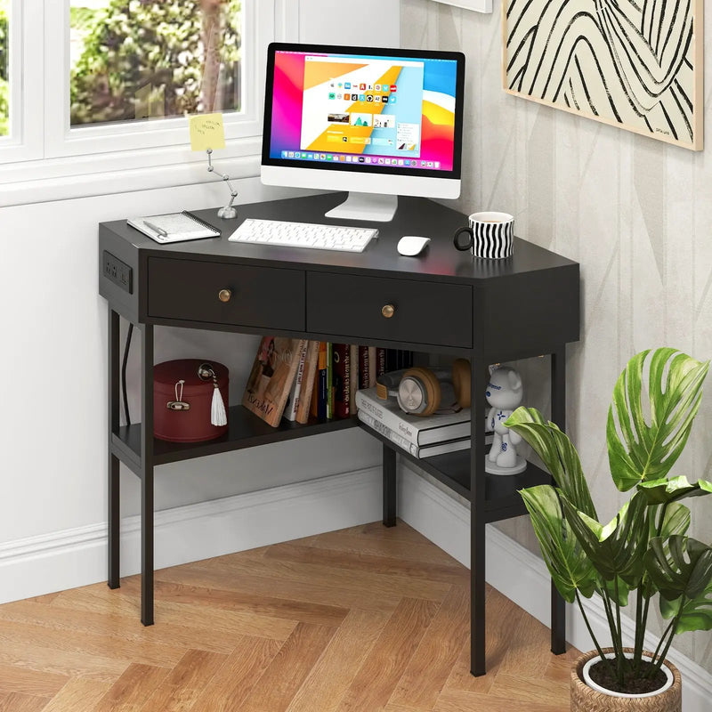 Triangle Corner Desk with Charging Station with 2 Drawers and Storage Shelf by DirectDeals