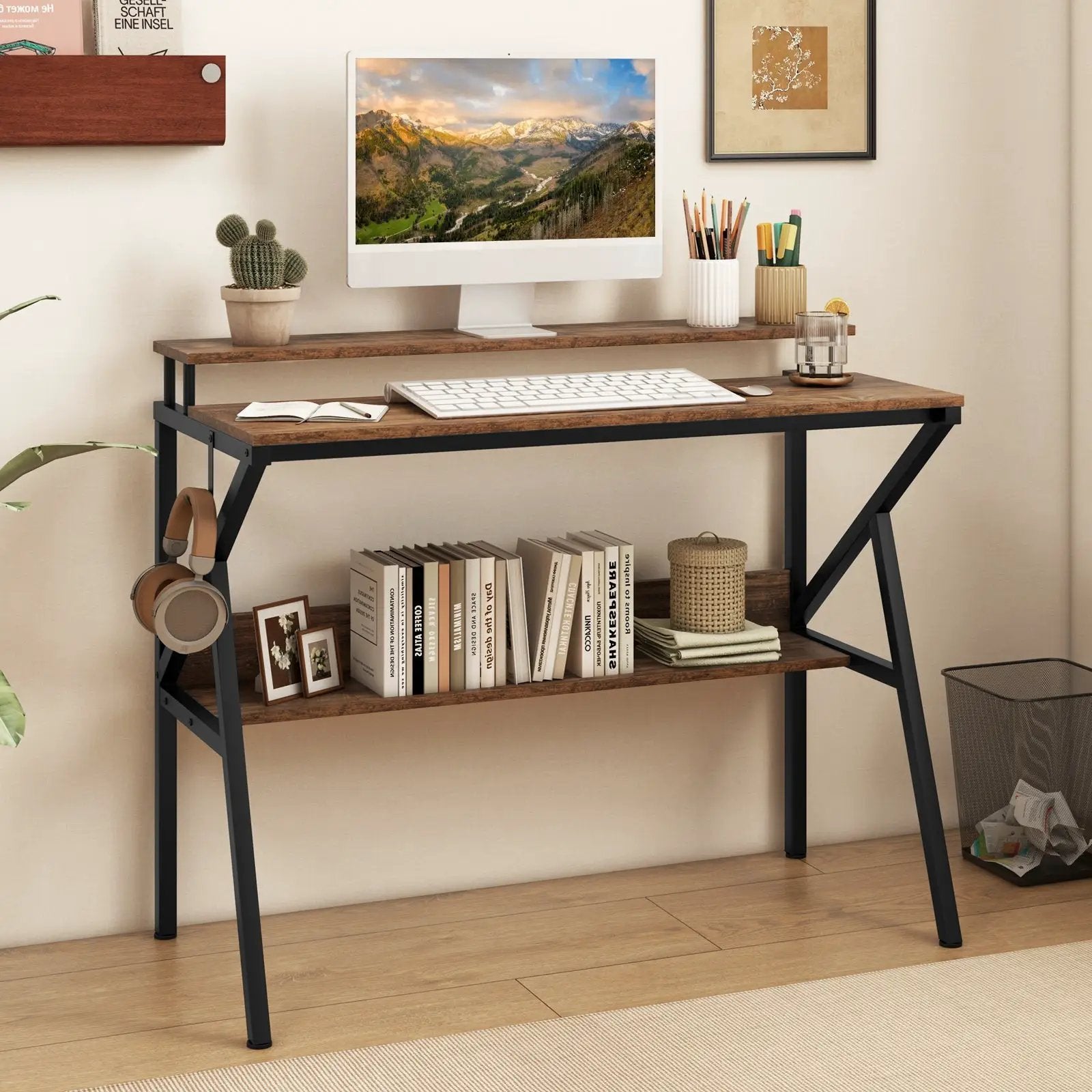 Space Saving Computer Desk with Monitor Stand and Extra Storage Shelf for Work Study by DirectDeals
