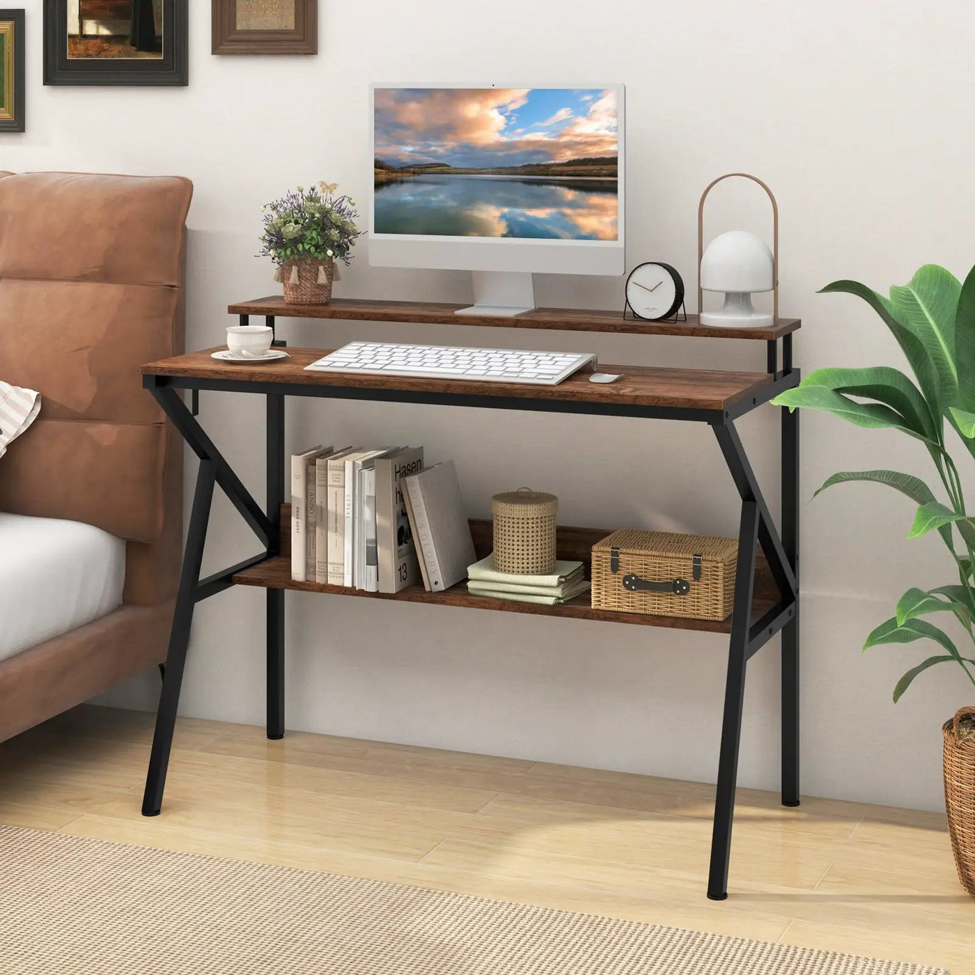 Space Saving Computer Desk with Monitor Stand and Extra Storage Shelf for Work Study by DirectDeals
