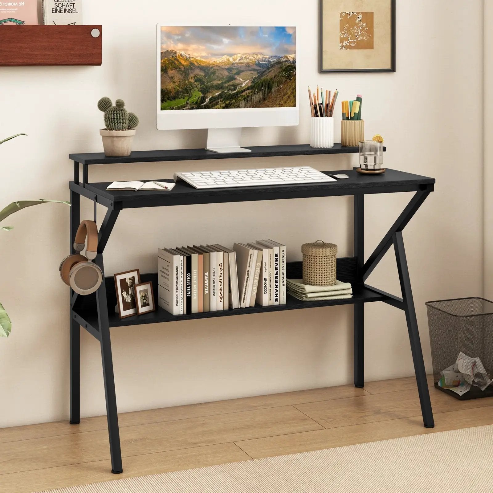 Space Saving Computer Desk with Monitor Stand and Extra Storage Shelf for Work Study by DirectDeals