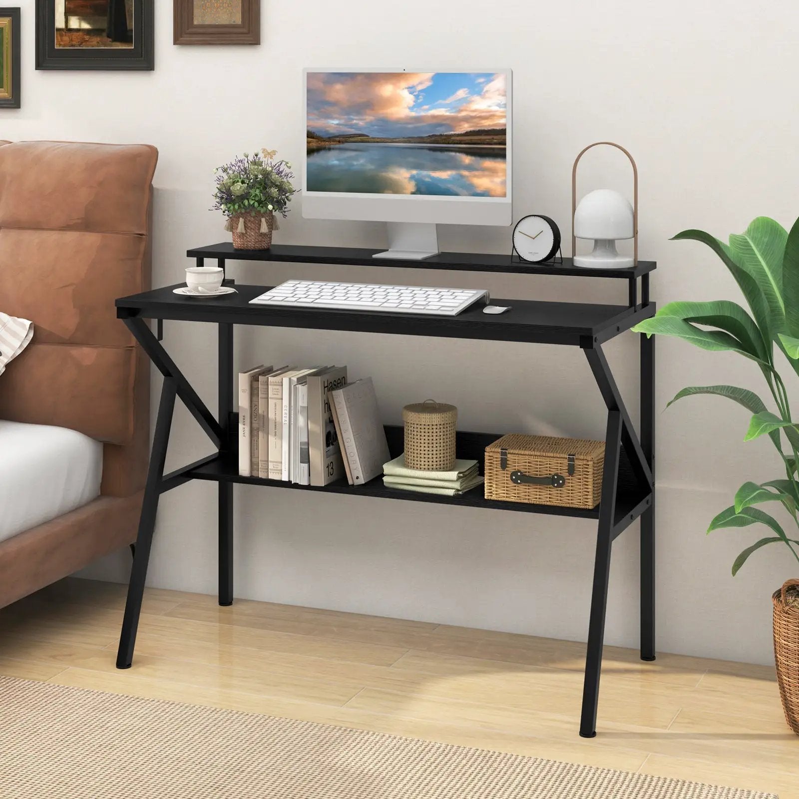 Space Saving Computer Desk with Monitor Stand and Extra Storage Shelf for Work Study by DirectDeals