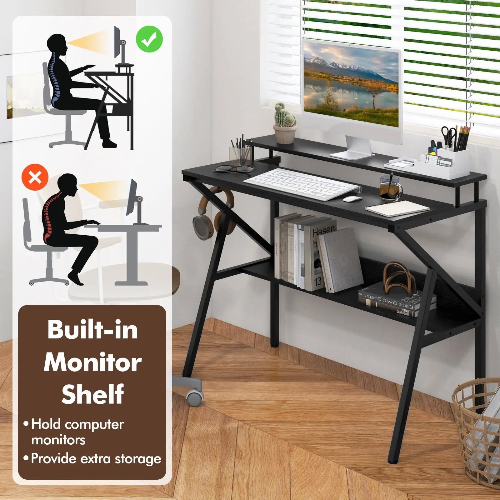 Space Saving Computer Desk with Monitor Stand and Extra Storage Shelf for Work Study by DirectDeals