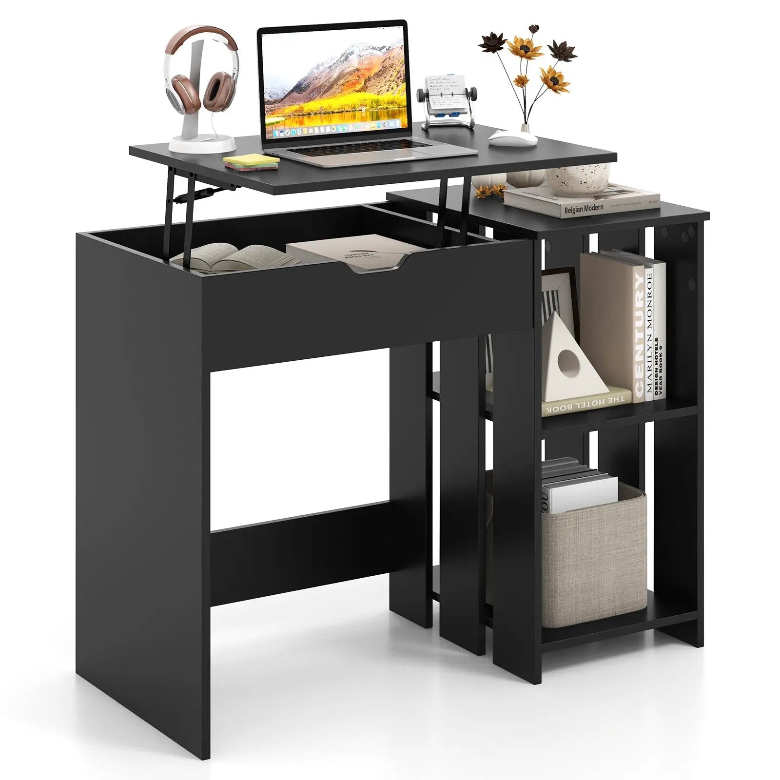 Space Saving Computer Desk with Hidden Compartment and Open Storage Shelves-Black by DirectDeals