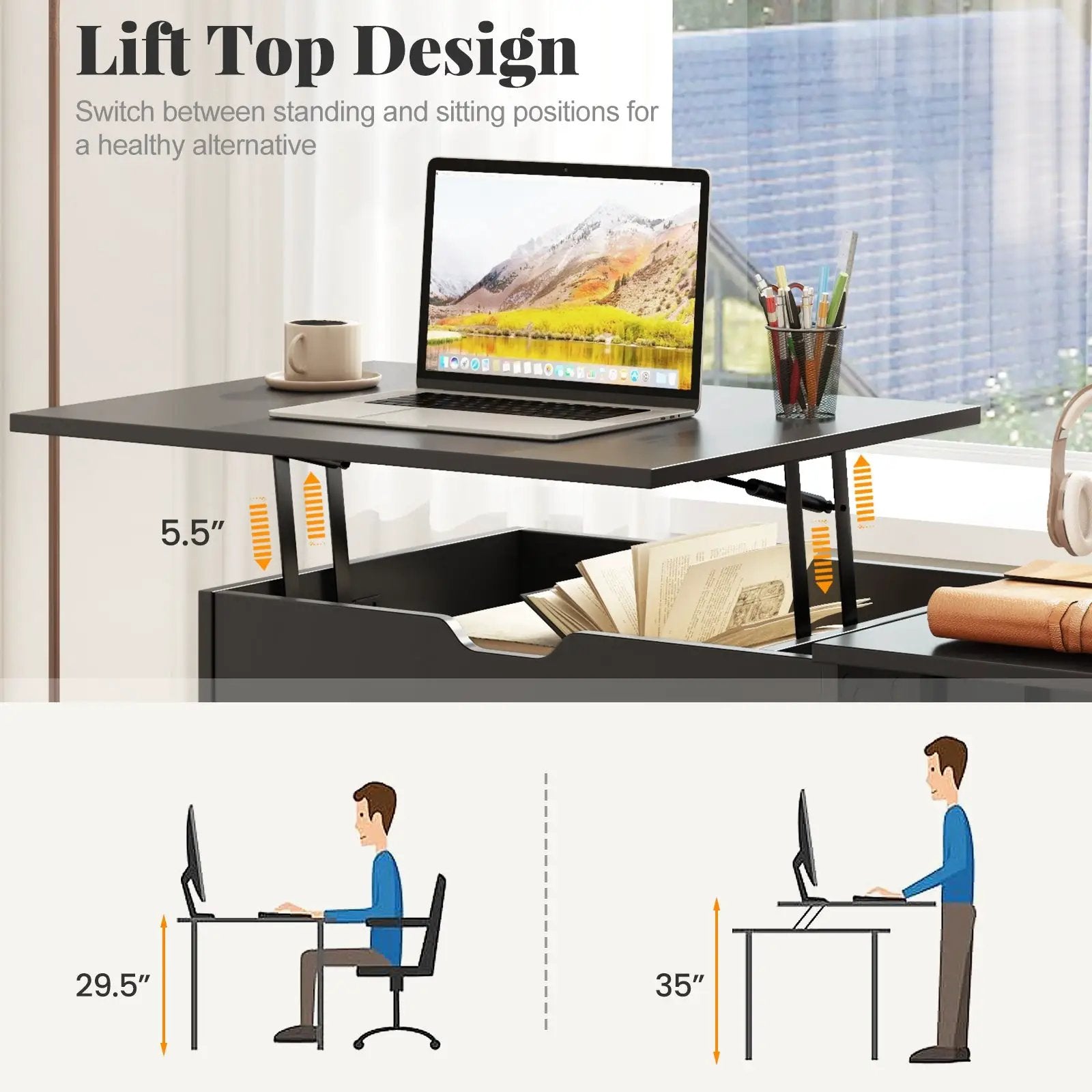 Space Saving Computer Desk with Hidden Compartment and Open Storage Shelves-Black by DirectDeals