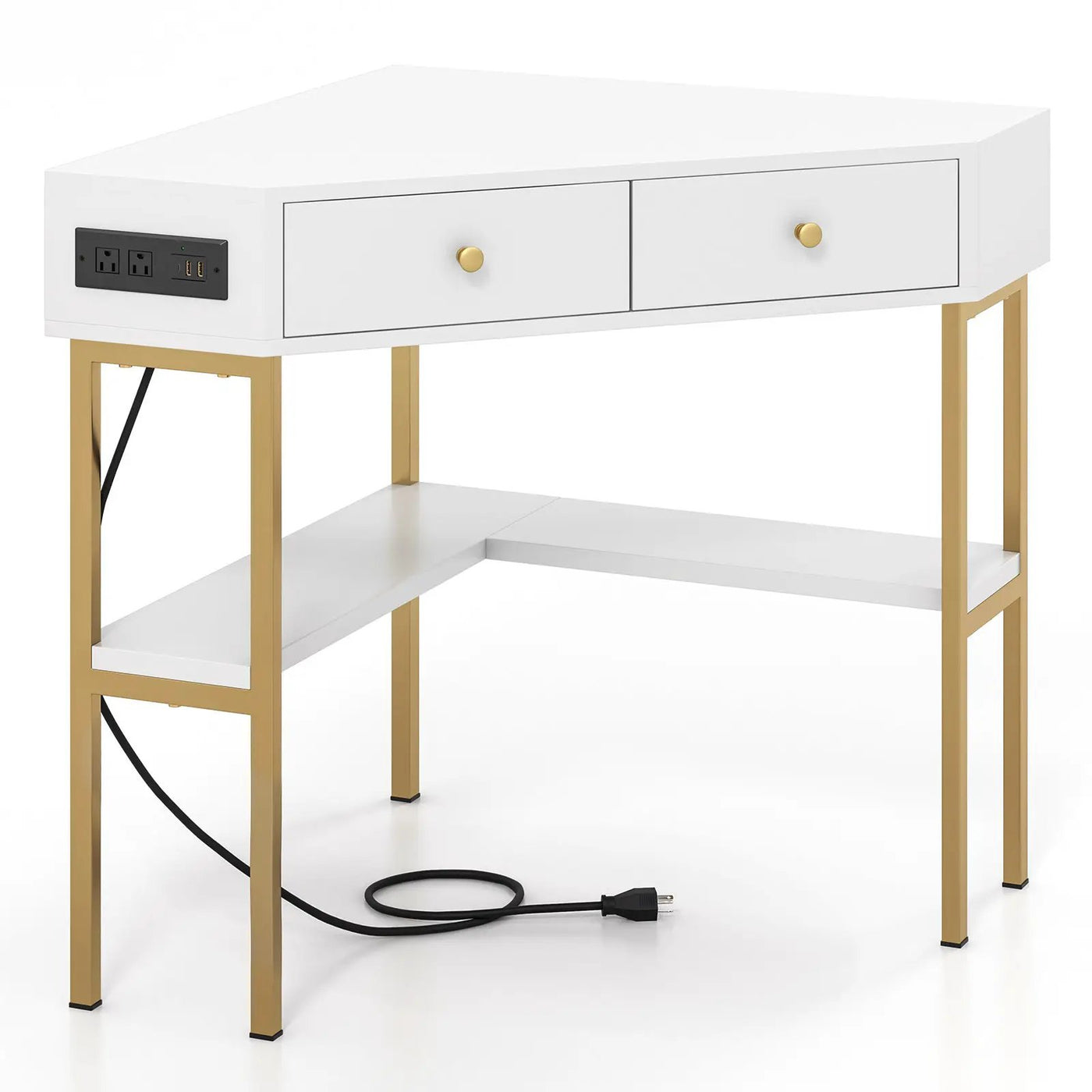 Triangle Corner Desk with Charging Station with 2 Drawers and Storage Shelf by DirectDeals