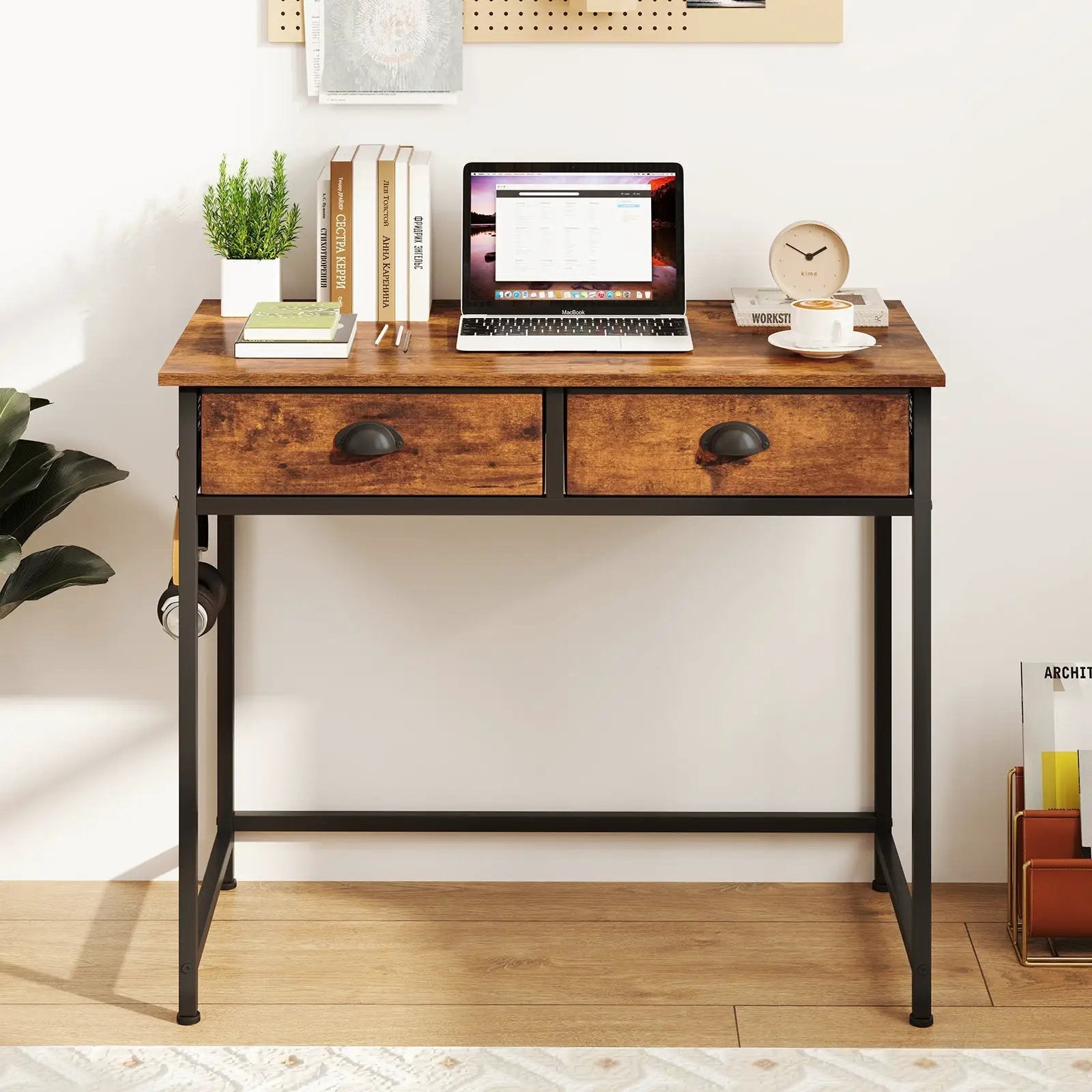 Space Saving Home Office Desk with 2 Fabric Drawers and 4 Hanging Hooks by DirectDeals