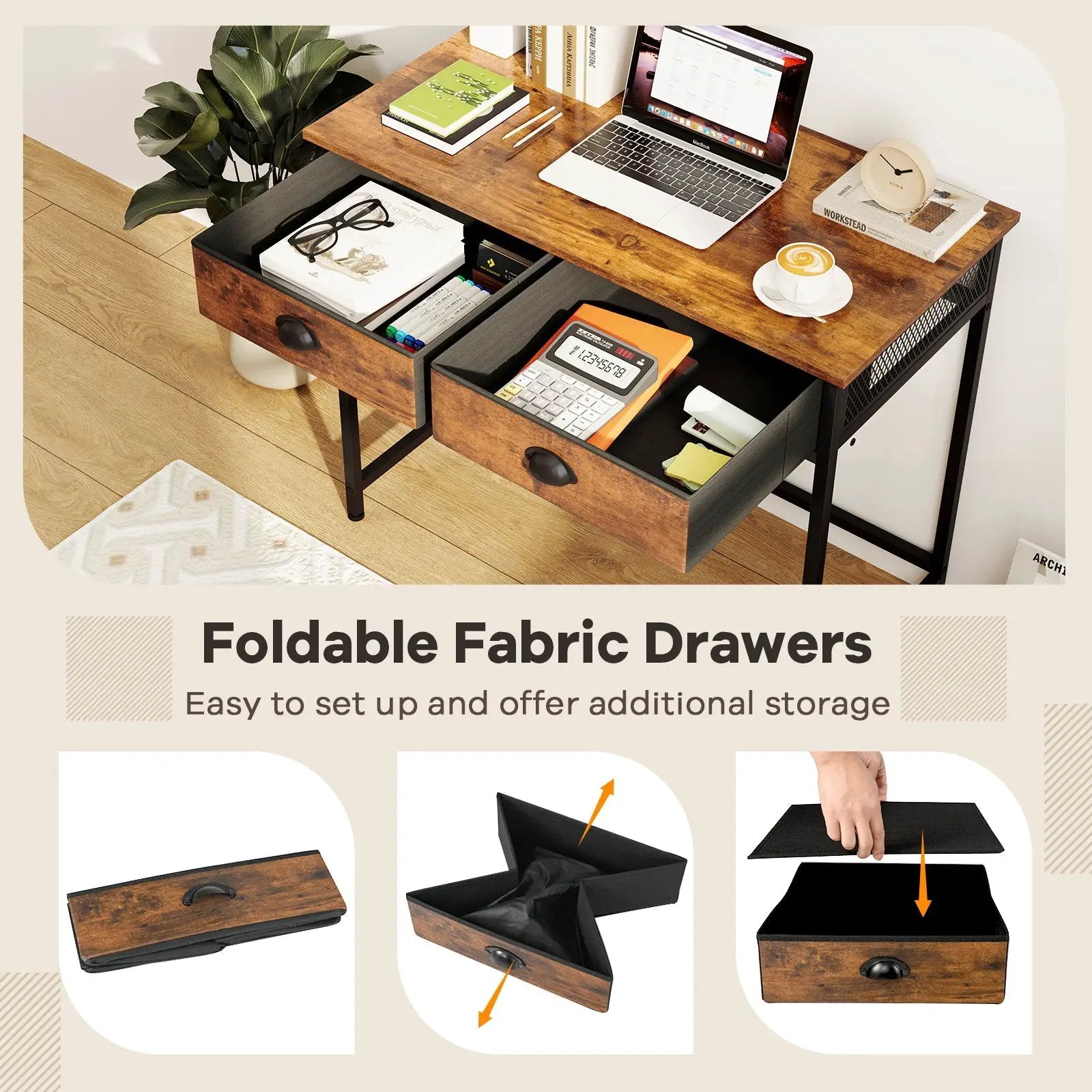 Space Saving Home Office Desk with 2 Fabric Drawers and 4 Hanging Hooks by DirectDeals