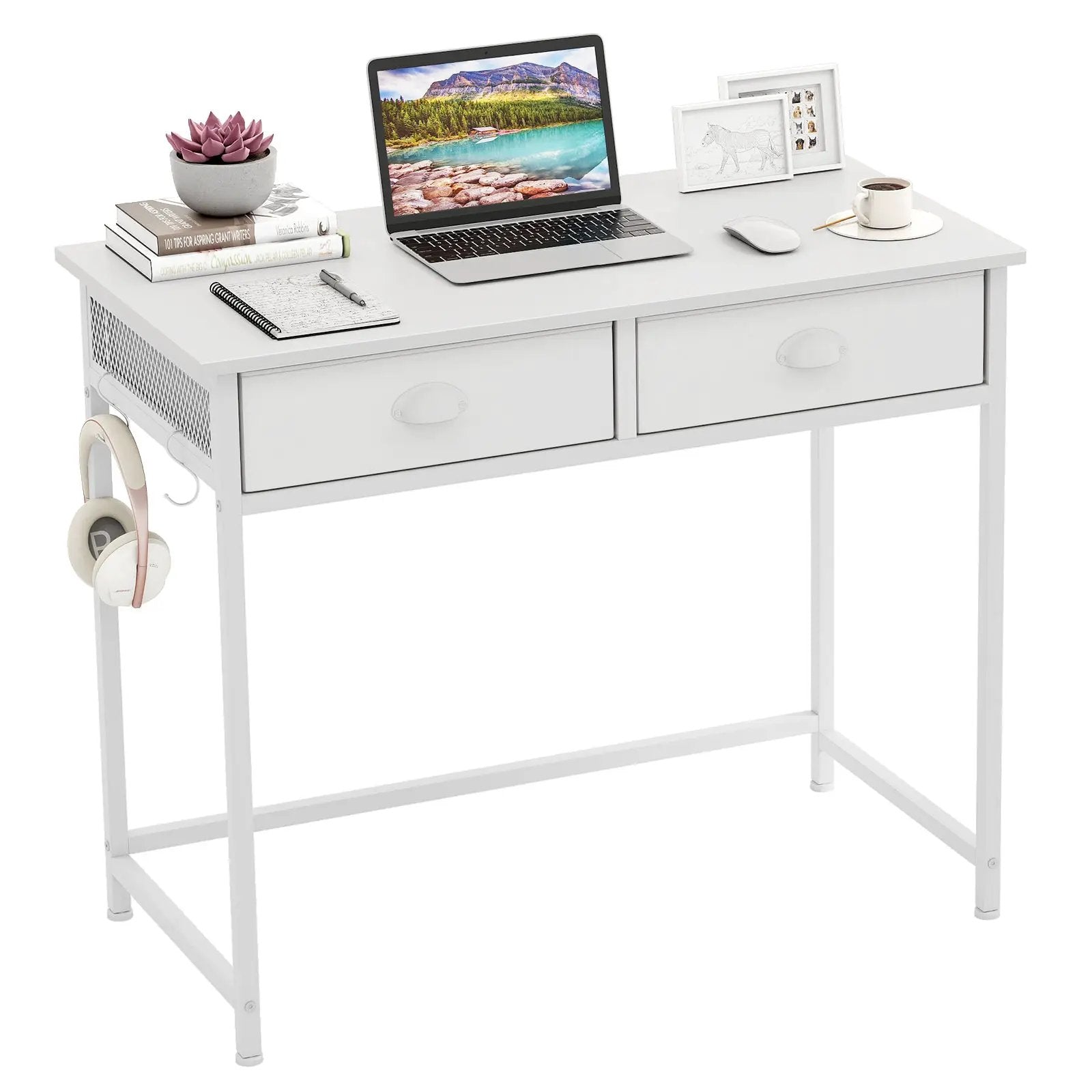 Space Saving Home Office Desk with 2 Fabric Drawers and 4 Hanging Hooks by DirectDeals