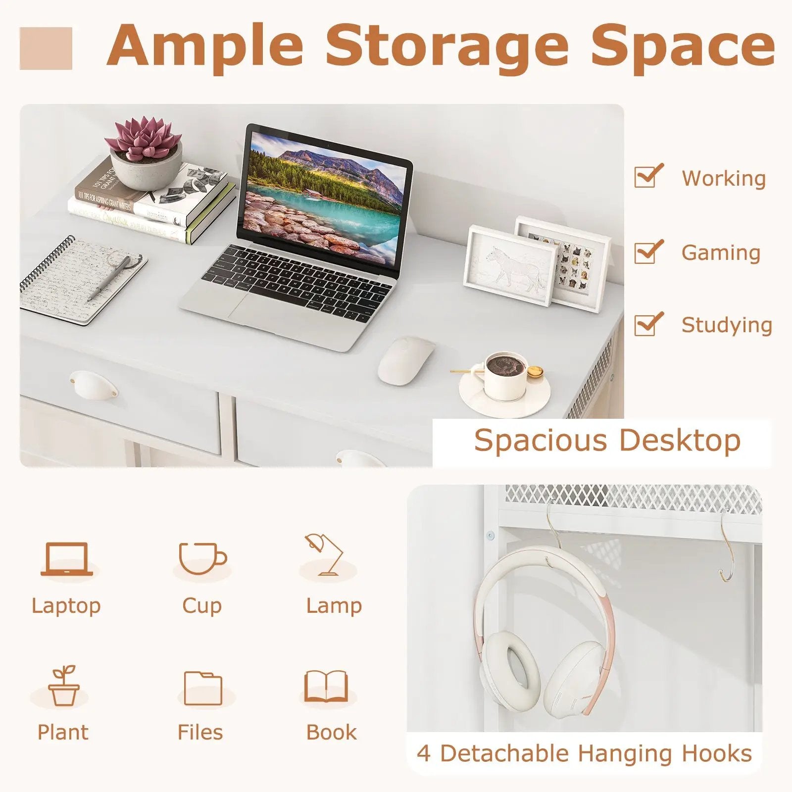 Space Saving Home Office Desk with 2 Fabric Drawers and 4 Hanging Hooks by DirectDeals