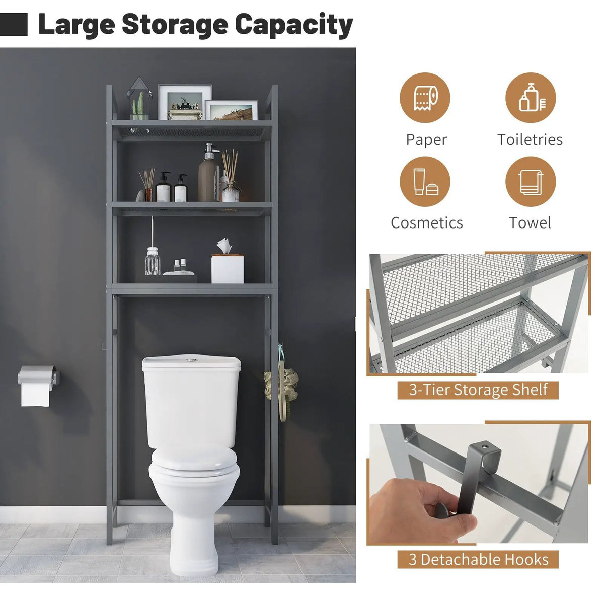 Over-The-Toilet Storage Shelf Space Saving Metal Bathroom Organizer Hooks by DirectDeals