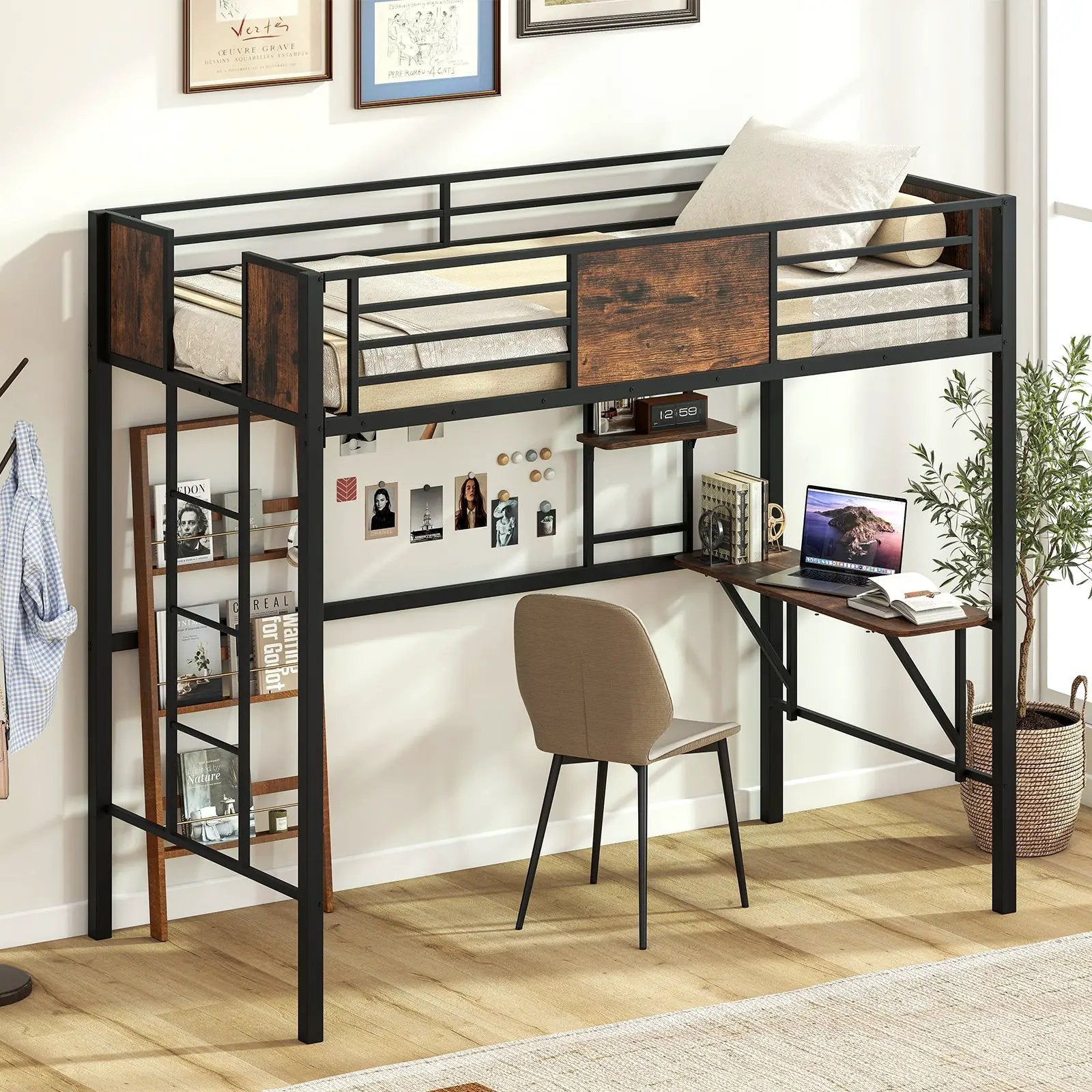 Space-Saving Twin Loft Bed with Safety Guardrail and Ladder-Coffee by DirectDeals