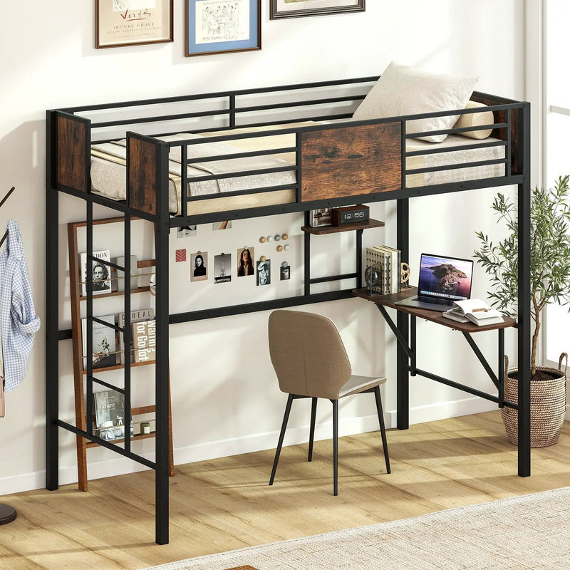 Space-Saving Twin Loft Bed with Safety Guardrail and Ladder-Coffee by DirectDeals