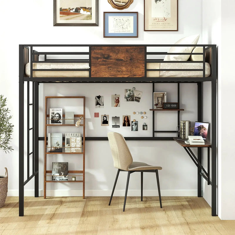 Space-Saving Twin Loft Bed with Safety Guardrail and Ladder-Coffee by DirectDeals