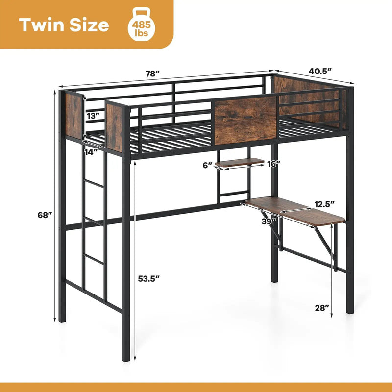 Space-Saving Twin Loft Bed with Safety Guardrail and Ladder-Coffee by DirectDeals