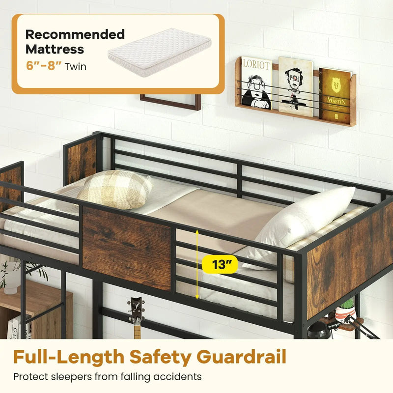 Space-Saving Twin Loft Bed with Safety Guardrail and Ladder-Coffee by DirectDeals