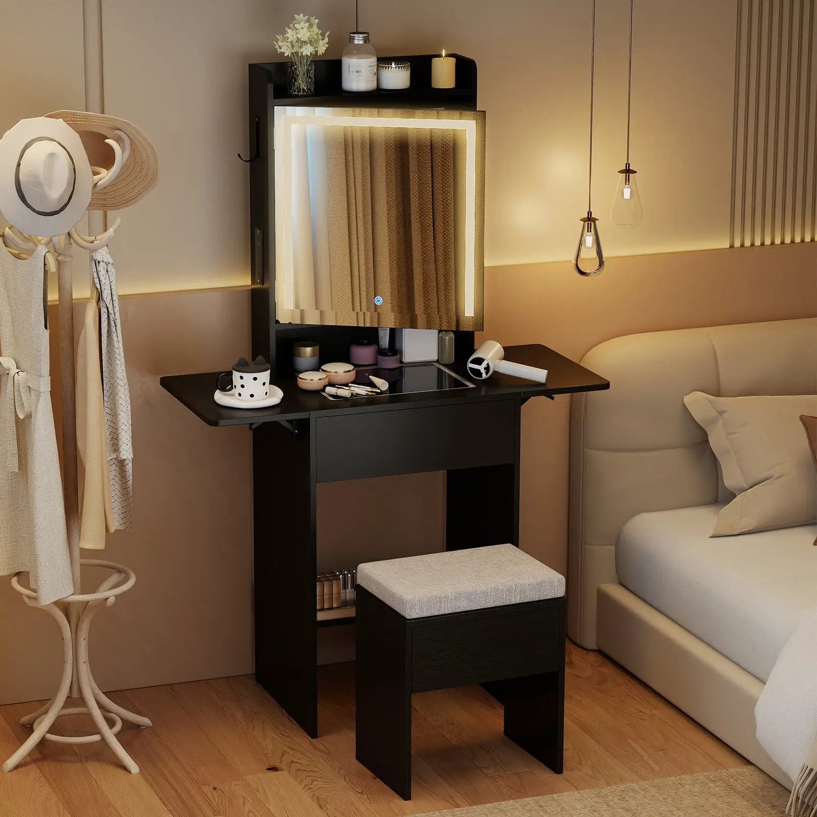 Space-saving Vanity Desk with Mirror and Lights for Bedroom by DirectDeals