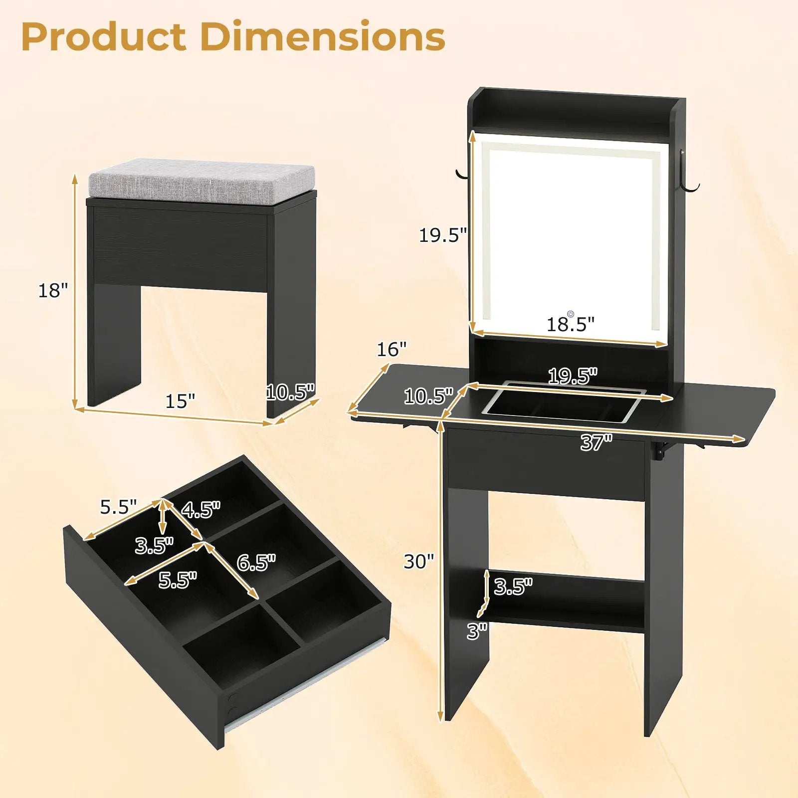 Space-saving Vanity Desk with Mirror and Lights for Bedroom by DirectDeals