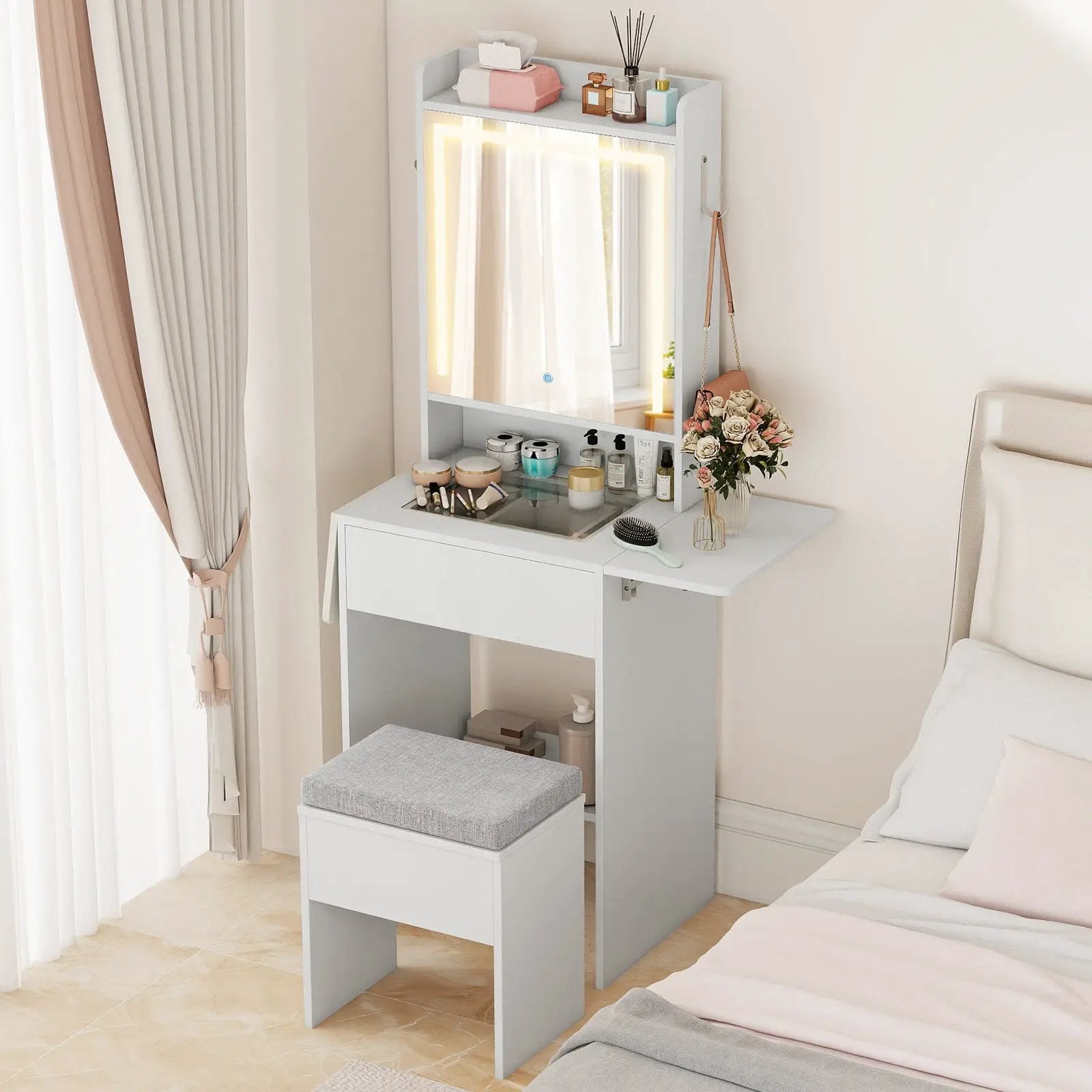 Space-saving Vanity Desk with Mirror and Lights for Bedroom by DirectDeals