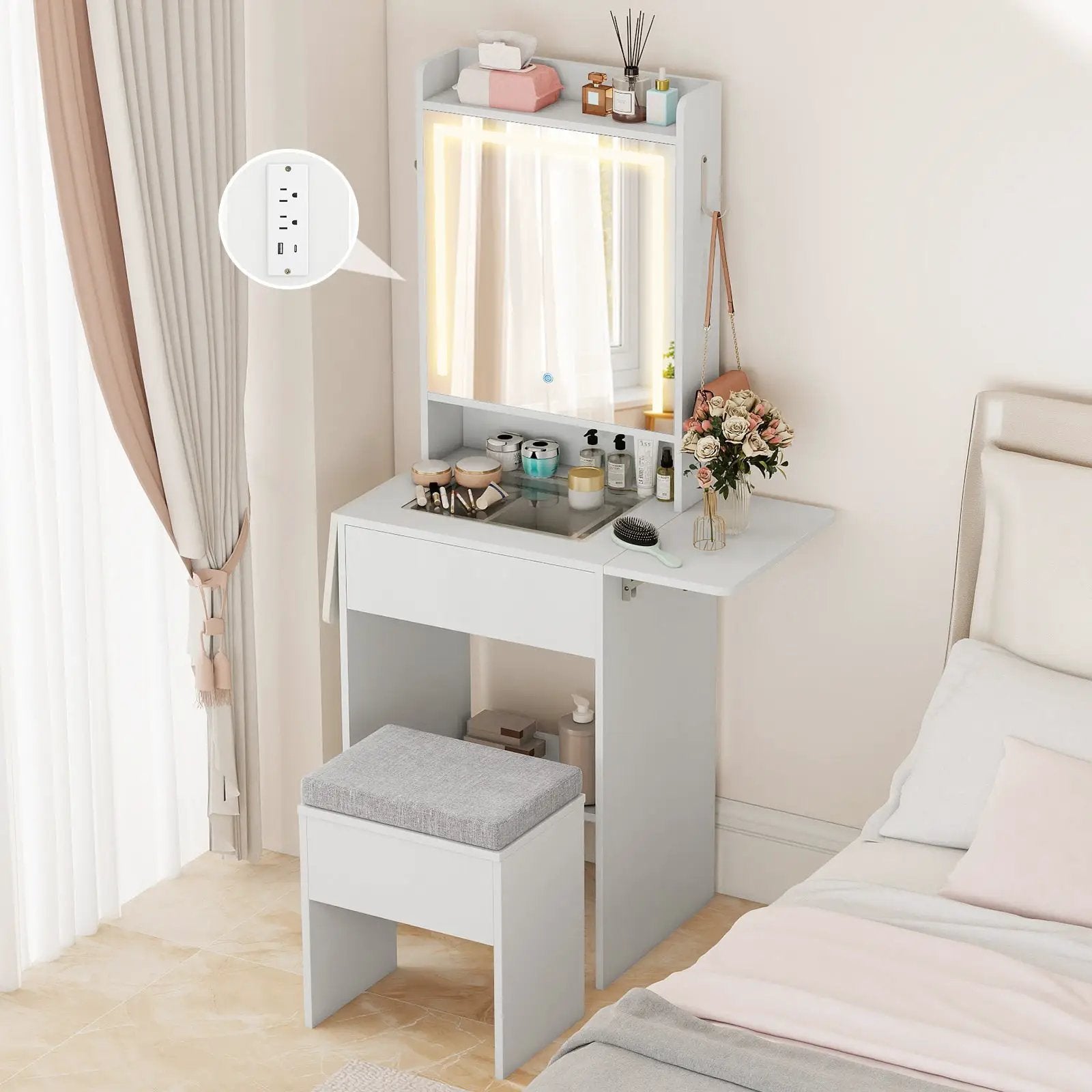 Space-saving Vanity Desk with Mirror and Lights for Bedroom by DirectDeals
