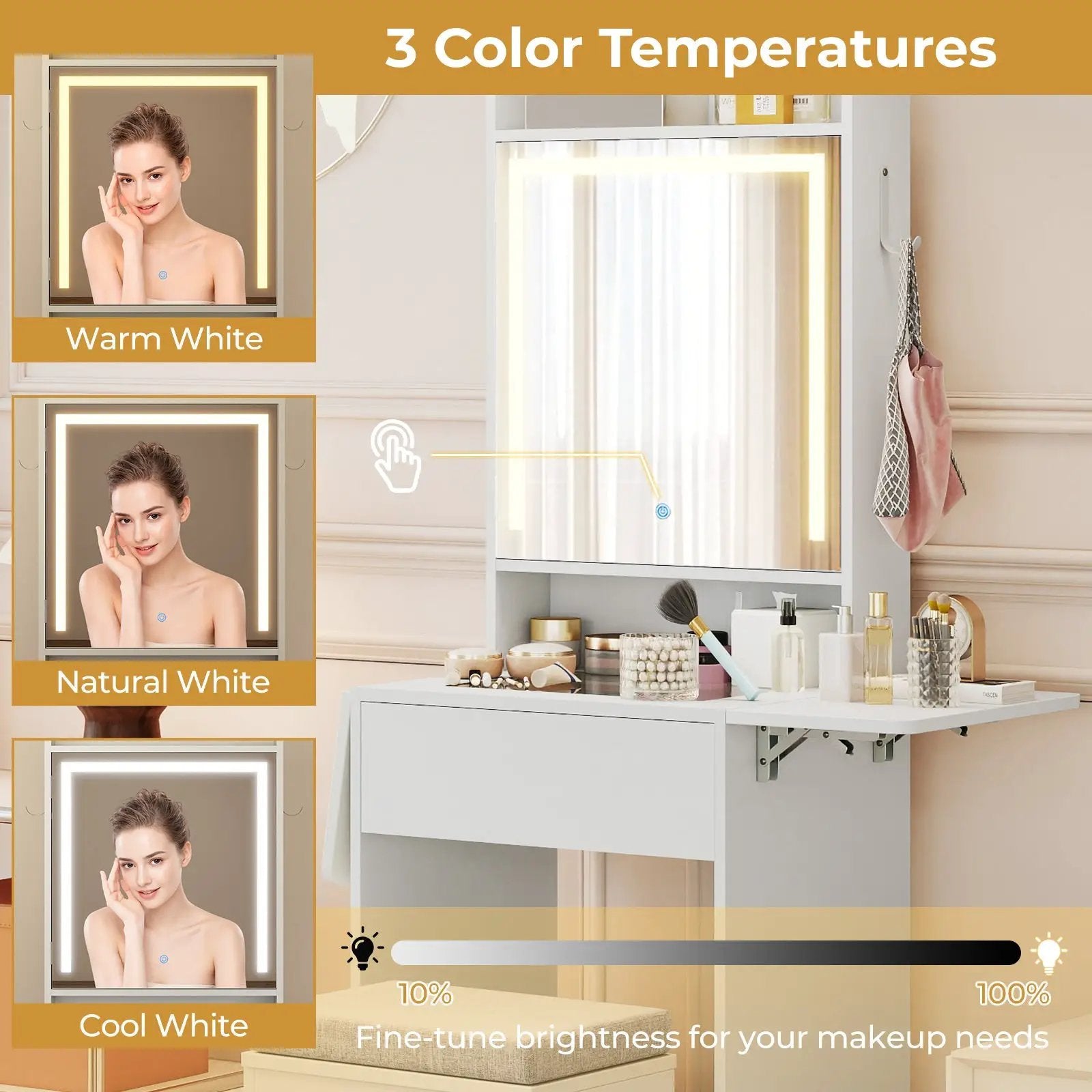 Space-saving Vanity Desk with Mirror and Lights for Bedroom by DirectDeals