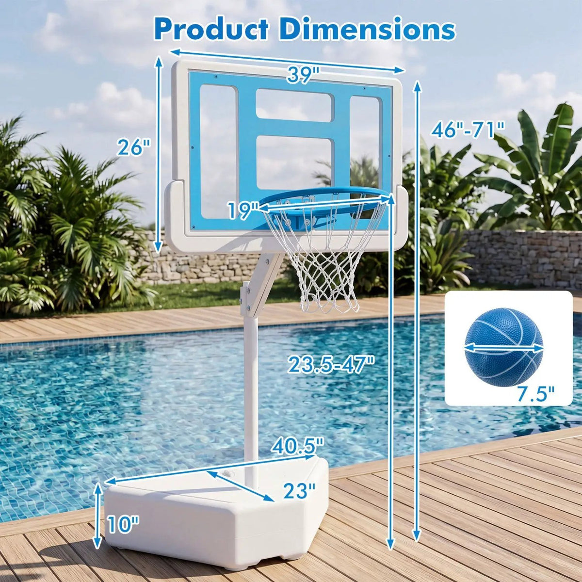 Pool Basketball Hoop with Adjustable Height & 2 Balls by DirectDeals
