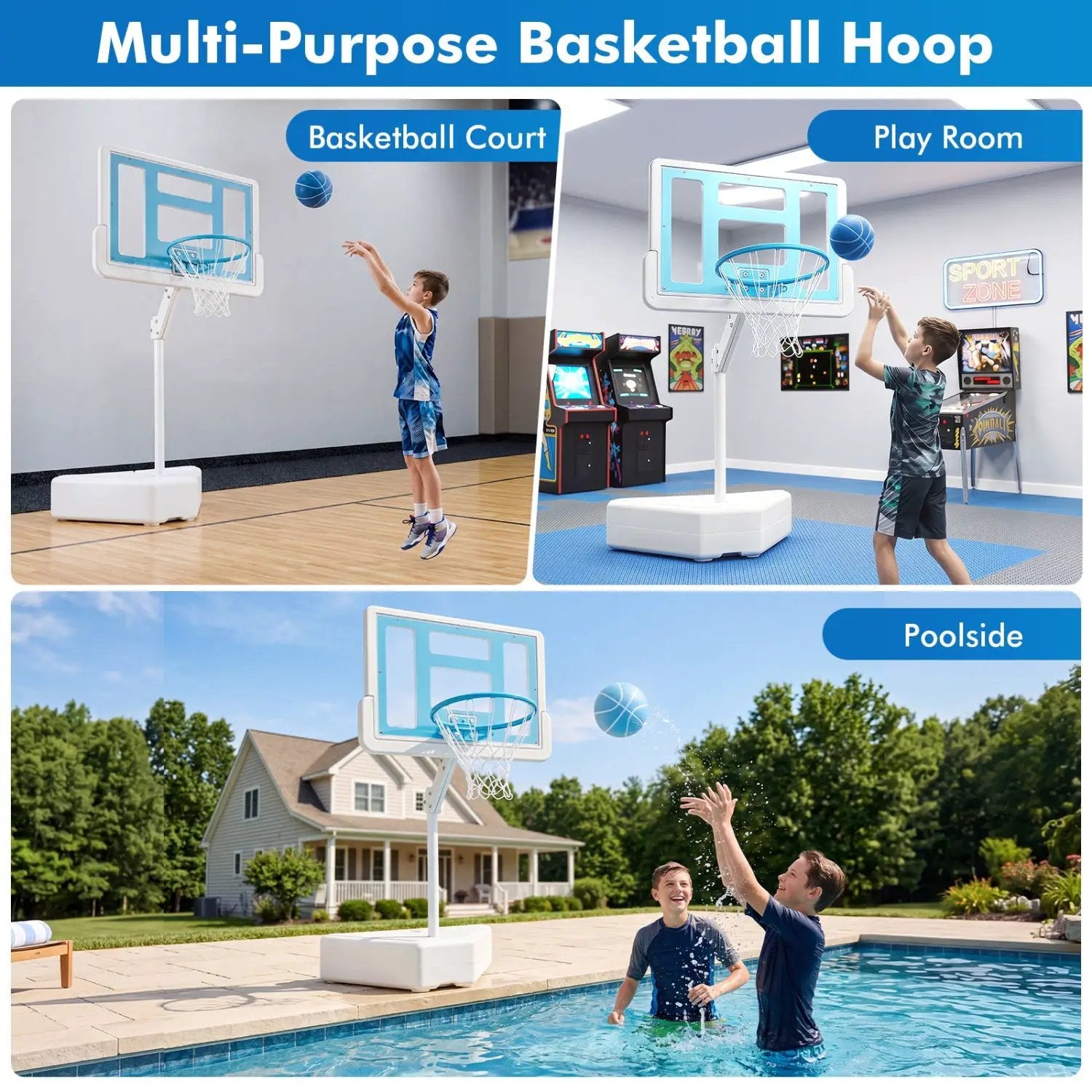 Pool Basketball Hoop with Adjustable Height & 2 Balls by DirectDeals