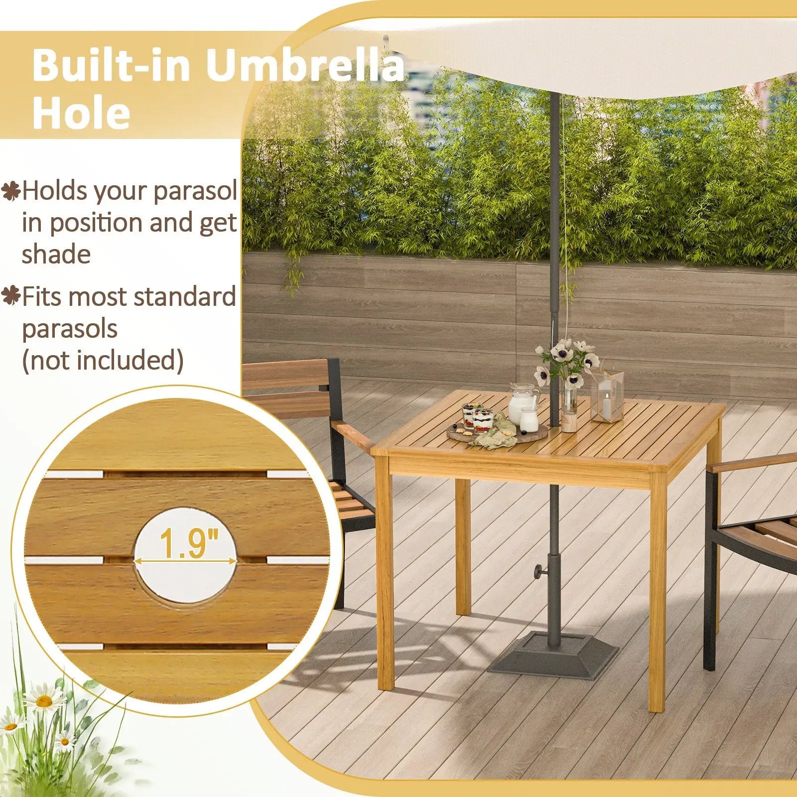 Square Acacia Wood Outdoor Dining Table with Umbrella Hole by DirectDeals