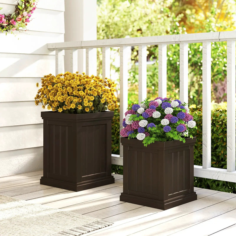 Square Plastic Planters Set of 2 Small Flower Pots with Drainage Holes and Nesting Design-Brown by DirectDeals