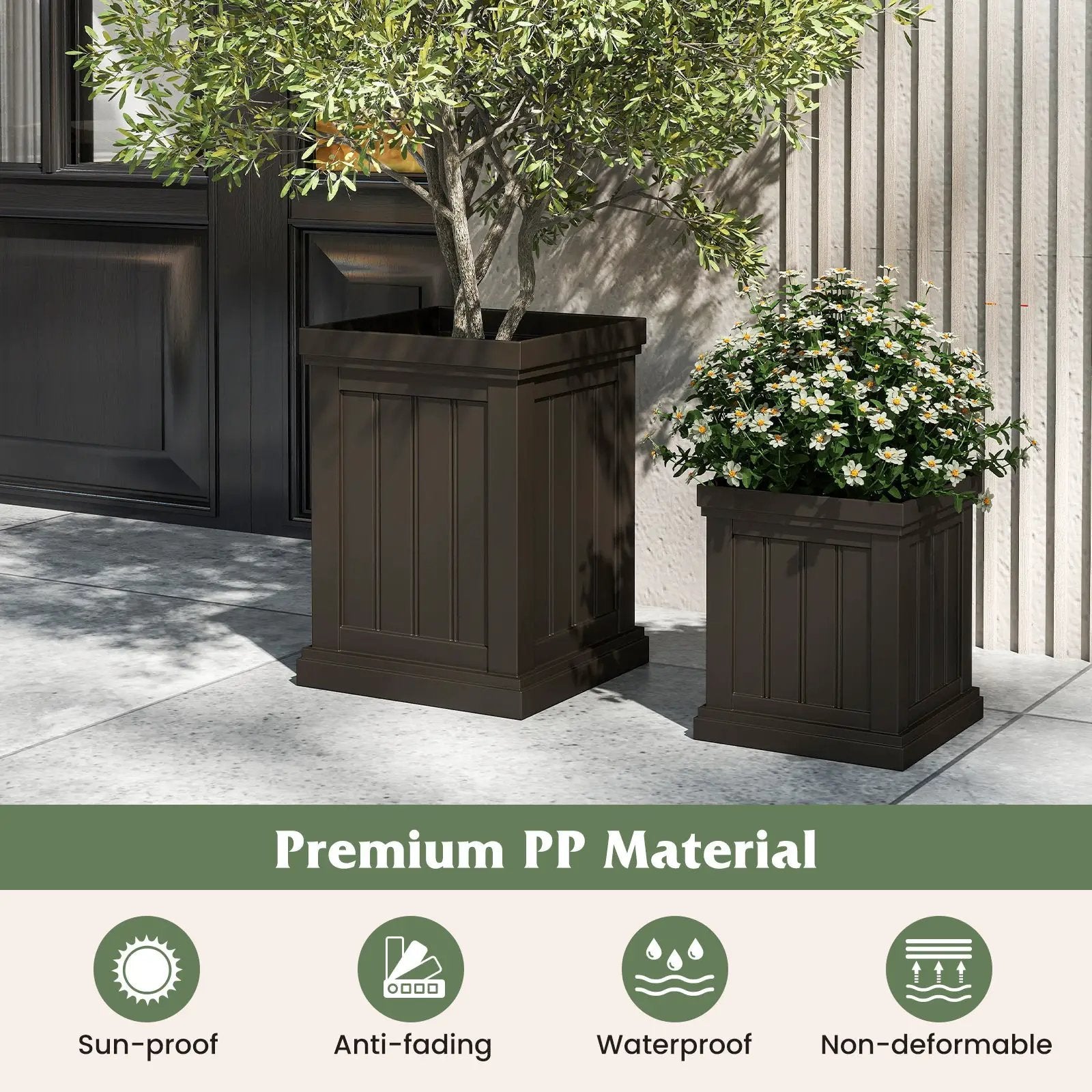Square Plastic Planters Set of 2 Small Flower Pots with Drainage Holes and Nesting Design-Brown by DirectDeals